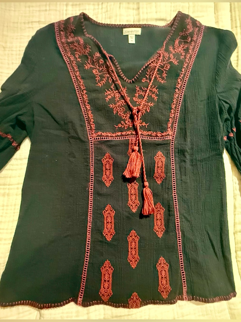 Garnet Hill Embroidered Peasant Tunic Top - Navy with Red Accents